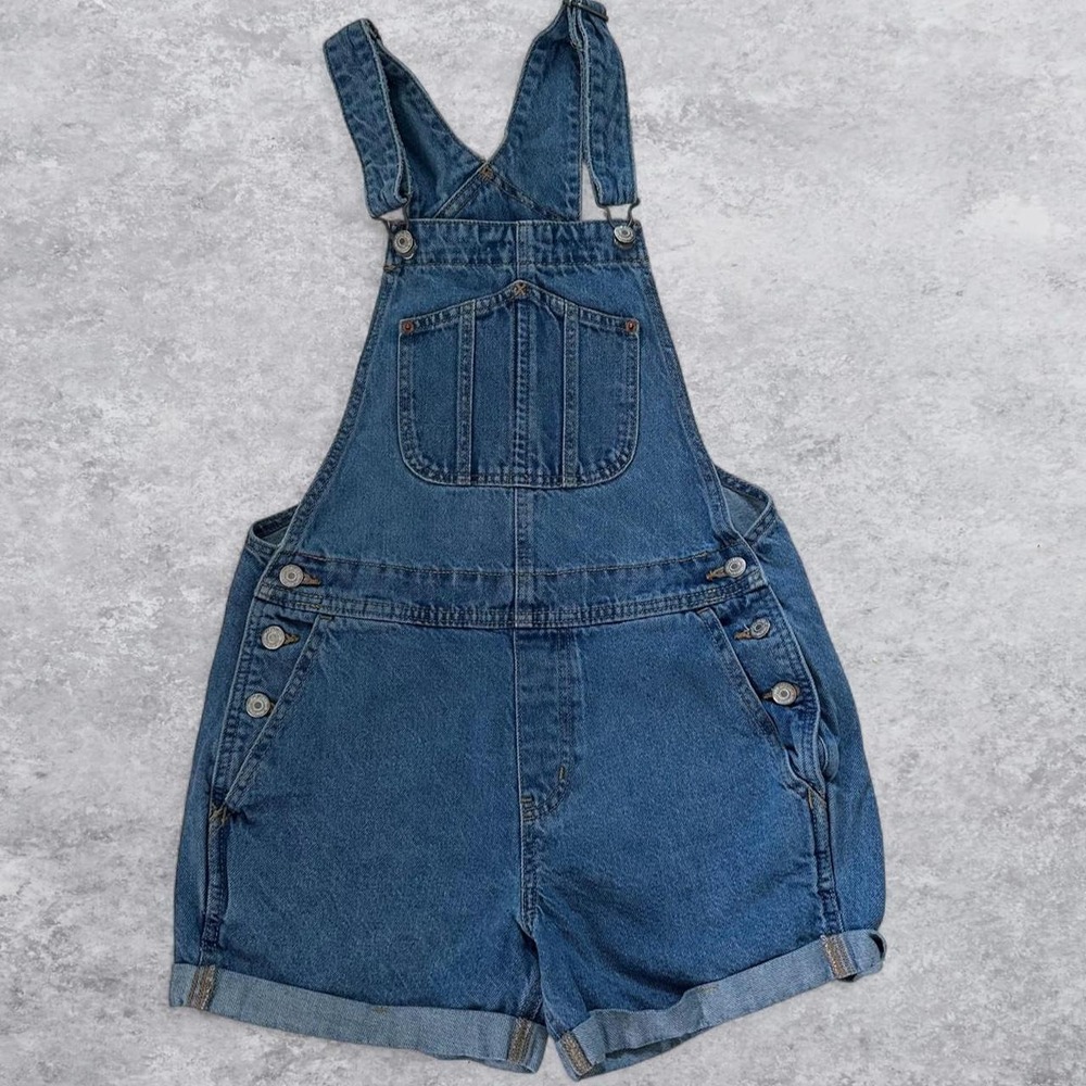 Old Navy Womens Medium Wash Denim Shortalls Overalls Size S Cuffed Blue